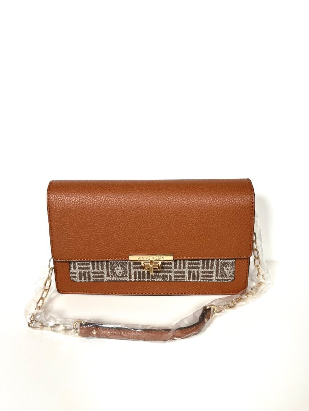 Anne Klein Brown Logo Flap Shoulder Purse with Gold Accents